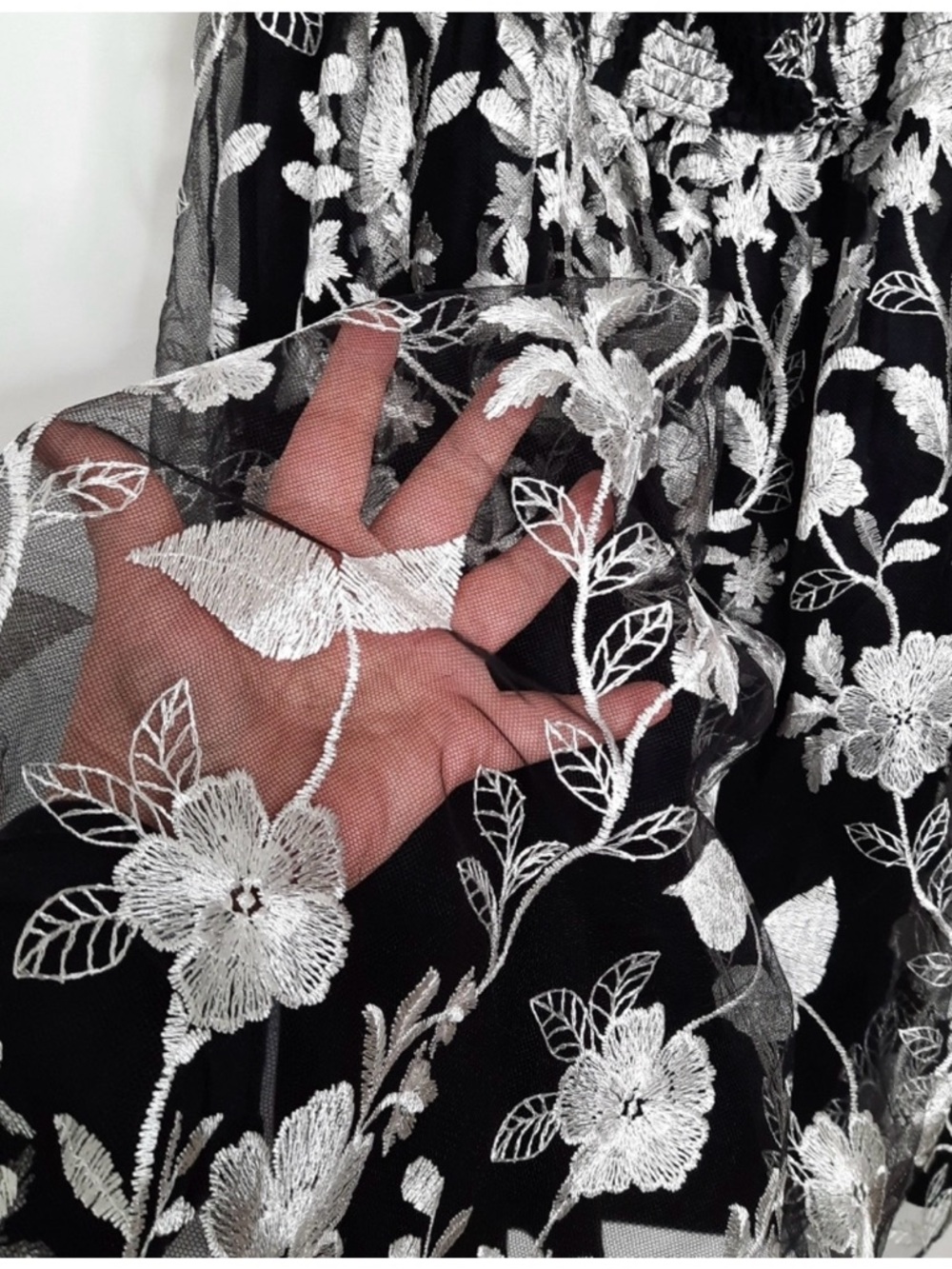 torrid Black Off-Shoulder Lace Midi Dress with White Floral Embroidery - Picture 3 of 6